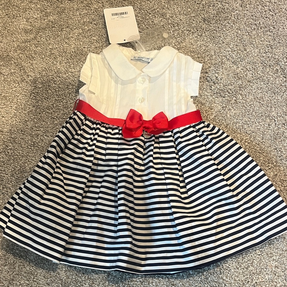 Mayoral Navy and White Striped Dress with Red Accent 9M